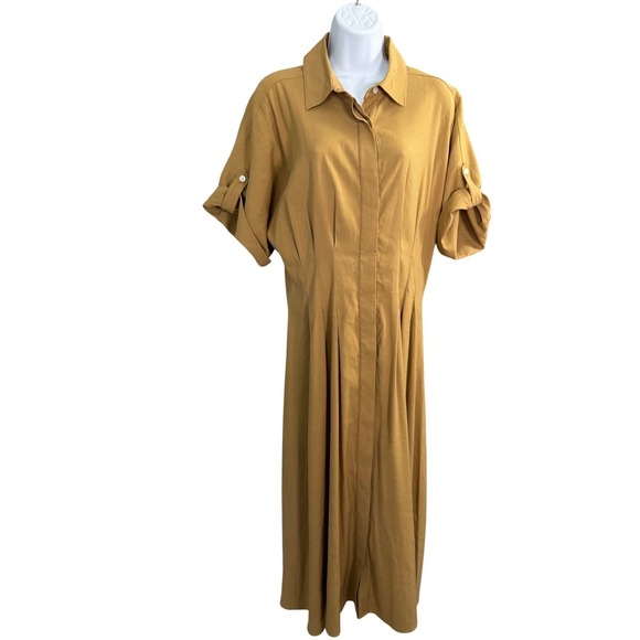 Veronica Beard Shirt Dress 10 Tan Midi Linen Blend Stretch Modest Work Elegant - Picture 2 of 12